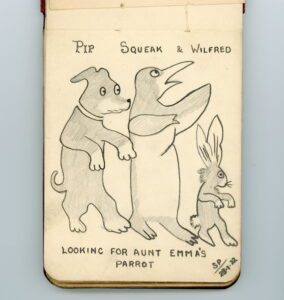 Sketch in an old notebook of Pip (a dog), Squeak (a penguin), and Wilfred (a rabbit), dated 28 January 1922