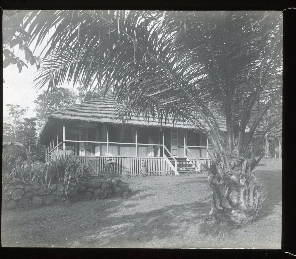 A raised single-storey straw-roofed house