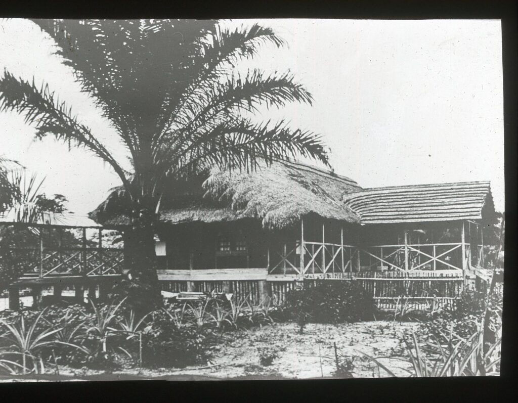 A raised single-storey straw-roofed house