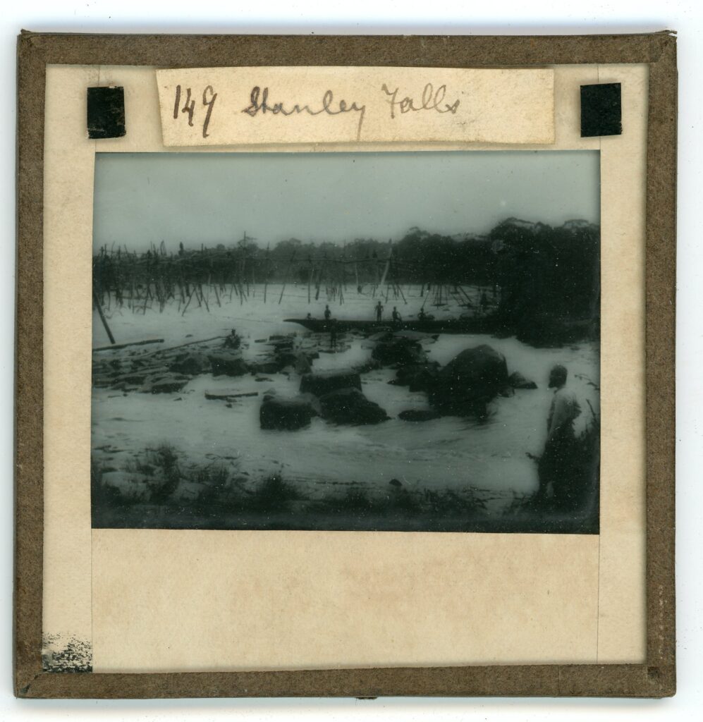 View of wooden frames over a rocky river