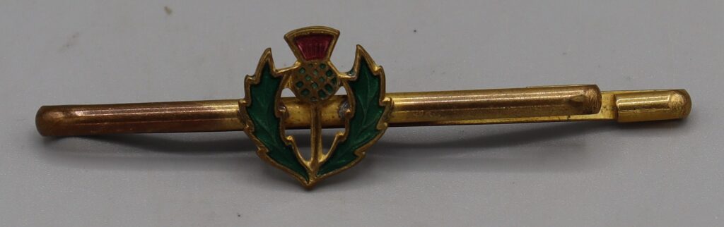 Gold tone metal tie clip with enamelled thistle motif in the centre