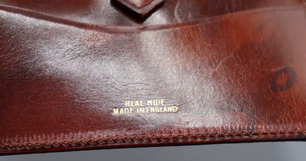 Close-up of words printed on the leather