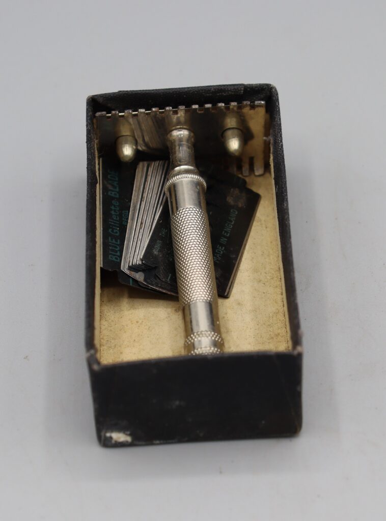 Gillette safety razor with blades in open cardboard box