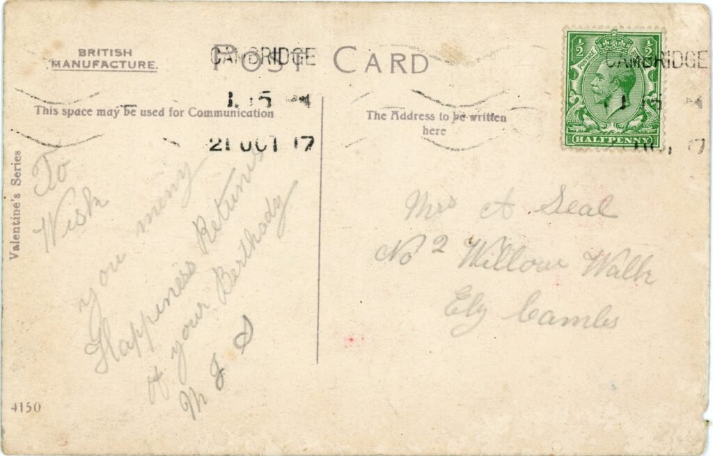 Reverse of an Edwardian Postcard with King George V stamp, date and location postmark and handwritten correspondence in pencil