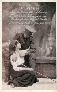 Front of an Edwardian postcard showing a black and white image of a soldier holding a woman with a poem titled 'far, yet near'