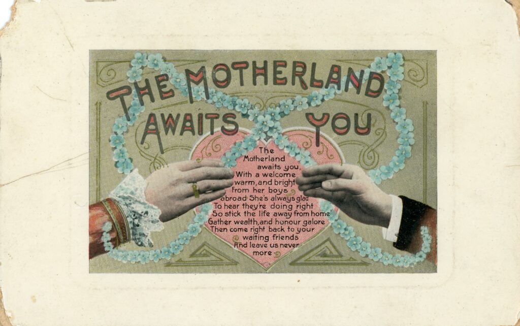 Front of an Edwardian postcard with an image of two hands reaching for another and a poem titled 'the motherland awaits you'